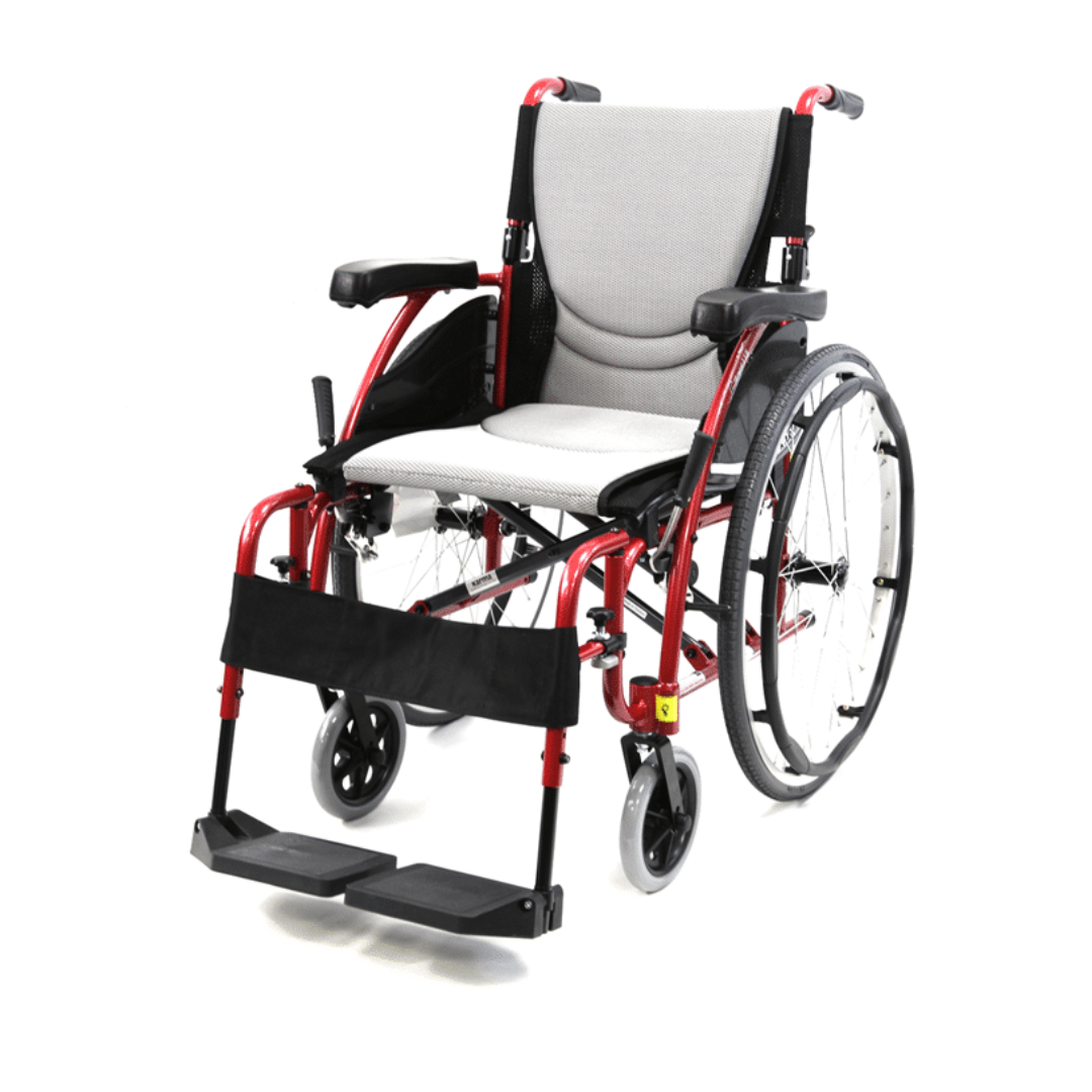 The Karman S-Ergo 115 Ultra Lightweight Ergonomic Wheelchair, weighing just 25 lbs, includes an S-Shaped Seating System with a gray seat for ergonomic comfort. It features adjustable footrests and armrests, large rear wheels, and smaller front wheels for easy maneuverability in red and black.